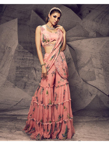 Archana Kochhar - The Pink Floral Sharara Sari Archana Kochhar - The Pink Floral Sharara Sari