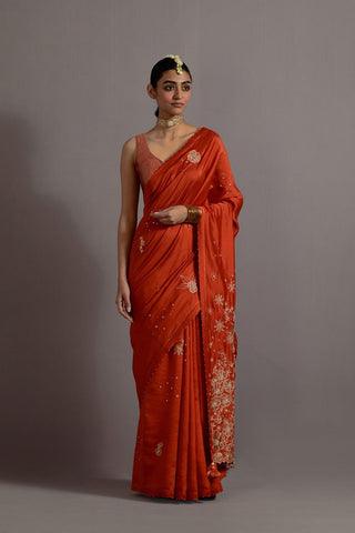 Tangerine Tissue Appliqued Boota Saree With Blouse Tangerine Tissue Appliqued Boota Saree With Blouse
