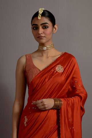 Tangerine Tissue Appliqued Boota Saree With Blouse Tangerine Tissue Appliqued Boota Saree With Blouse