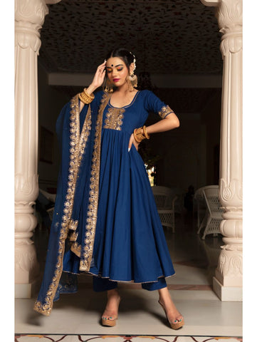 Pomcha Jaipur - MINAKARI BLUE ANARKALI SET Pomcha Jaipur - MINAKARI BLUE ANARKALI SET