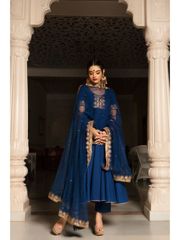 Pomcha Jaipur - MINAKARI BLUE ANARKALI SET Pomcha Jaipur - MINAKARI BLUE ANARKALI SET