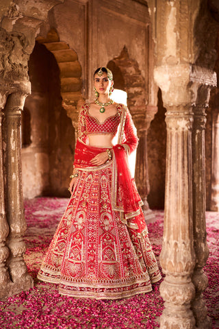 "Ilakshi" Deep Red Zardosi Embroidery Bridal Lehenga Set "Ilakshi" Deep Red Zardosi Embroidery Bridal Lehenga Set