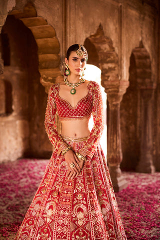 "Ilakshi" Deep Red Zardosi Embroidery Bridal Lehenga Set "Ilakshi" Deep Red Zardosi Embroidery Bridal Lehenga Set