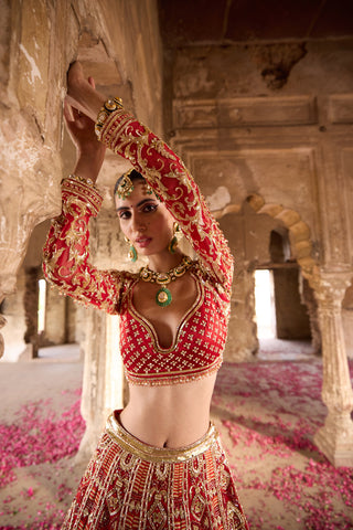 "Ilakshi" Deep Red Zardosi Embroidery Bridal Lehenga Set "Ilakshi" Deep Red Zardosi Embroidery Bridal Lehenga Set