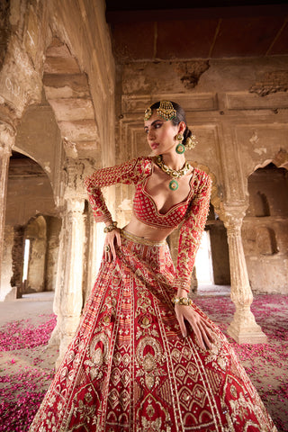 "Ilakshi" Deep Red Zardosi Embroidery Bridal Lehenga Set "Ilakshi" Deep Red Zardosi Embroidery Bridal Lehenga Set
