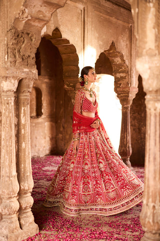 "Ilakshi" Deep Red Zardosi Embroidery Bridal Lehenga Set "Ilakshi" Deep Red Zardosi Embroidery Bridal Lehenga Set