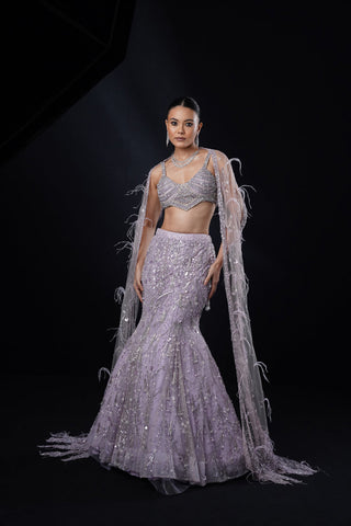"Rayna" Purple Fishcut Embroidered Lehenga Set With Cape "Rayna" Purple Fishcut Embroidered Lehenga Set With Cape