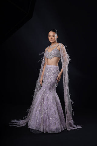 "Rayna" Purple Fishcut Embroidered Lehenga Set With Cape "Rayna" Purple Fishcut Embroidered Lehenga Set With Cape