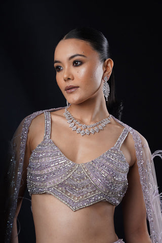 "Rayna" Purple Fishcut Embroidered Lehenga Set With Cape "Rayna" Purple Fishcut Embroidered Lehenga Set With Cape