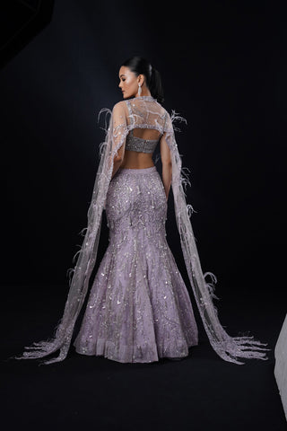 "Rayna" Purple Fishcut Embroidered Lehenga Set With Cape "Rayna" Purple Fishcut Embroidered Lehenga Set With Cape