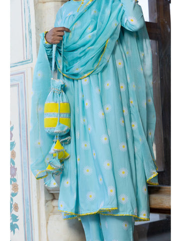 Pomcha Jaipur - DAYLILLY BLUE MUSLIN ANARKALI SET Pomcha Jaipur - DAYLILLY BLUE MUSLIN ANARKALI SET