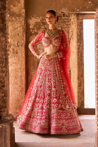 "Rivanta'' Red Zardosi Bridal Lehenga Set "Rivanta'' Red Zardosi Bridal Lehenga Set