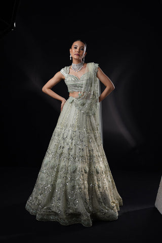"Emily" Seagreen Organza Applique Lehenga Set With Drape "Emily" Seagreen Organza Applique Lehenga Set With Drape