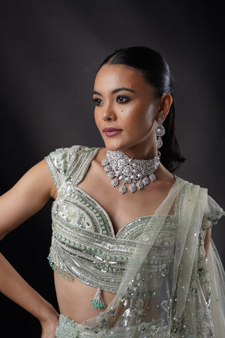 "Emily" Seagreen Organza Applique Lehenga Set With Drape "Emily" Seagreen Organza Applique Lehenga Set With Drape