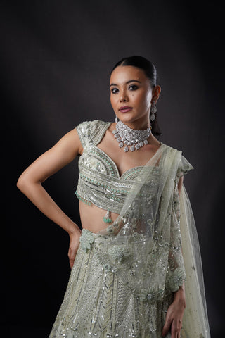 "Emily" Seagreen Organza Applique Lehenga Set With Drape "Emily" Seagreen Organza Applique Lehenga Set With Drape