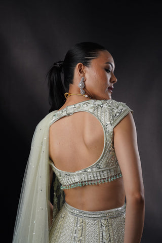 "Emily" Seagreen Organza Applique Lehenga Set With Drape "Emily" Seagreen Organza Applique Lehenga Set With Drape