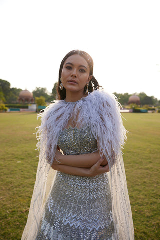 "Seher" Silver Grey Metallic Sequin & Crystal Beads Hand Embroidered Lehenga Set With Cape "Seher" Silver Grey Metallic Sequin & Crystal Beads Hand Embroidered Lehenga Set With Cape