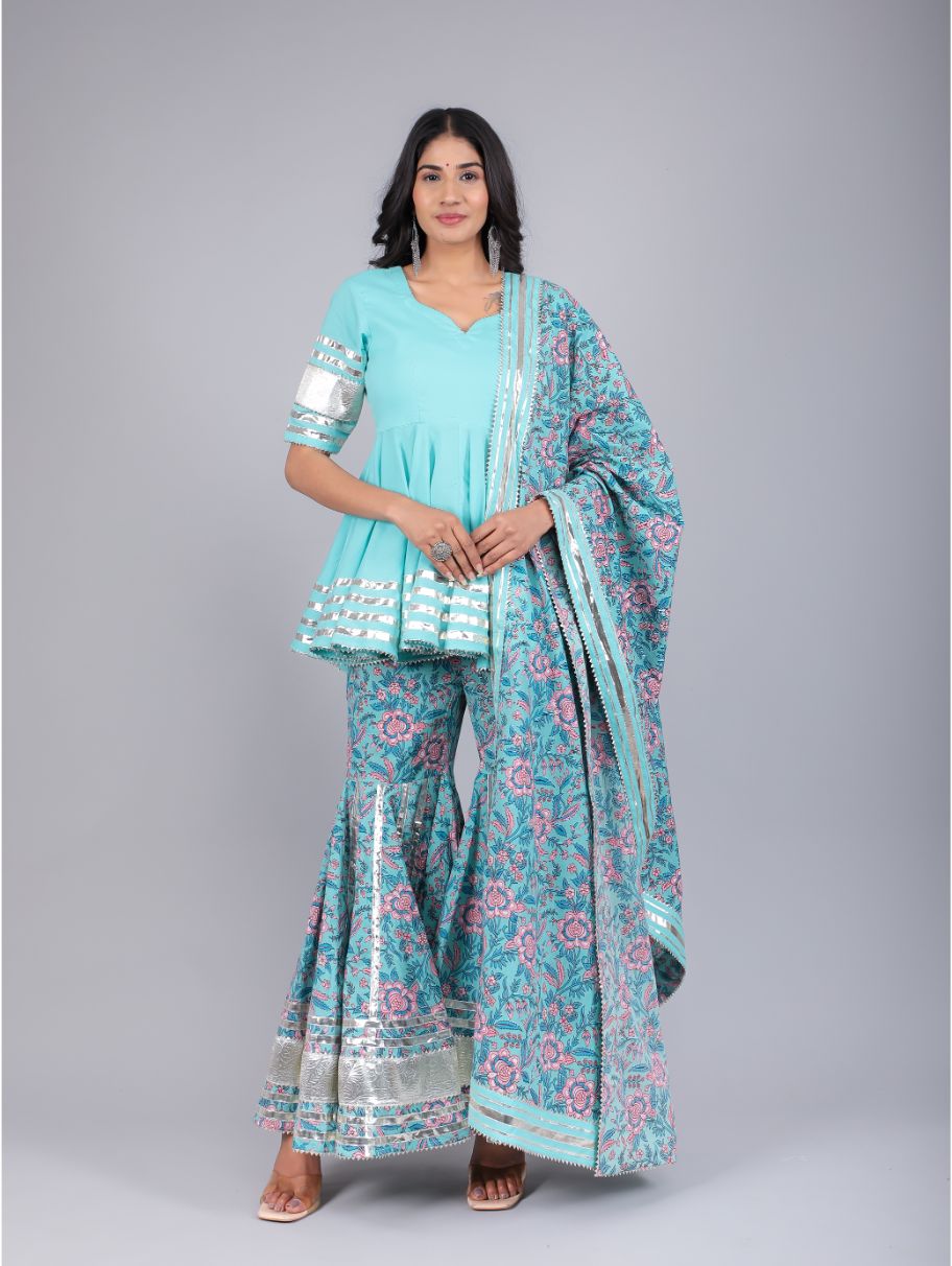 Pomcha Jaipur - ANAM BLUE COTTON SHARARA SET