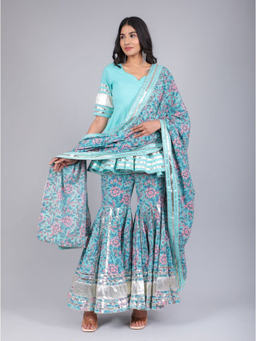 Pomcha Jaipur - ANAM BLUE COTTON SHARARA SET