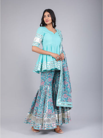 Pomcha Jaipur - ANAM BLUE COTTON SHARARA SET