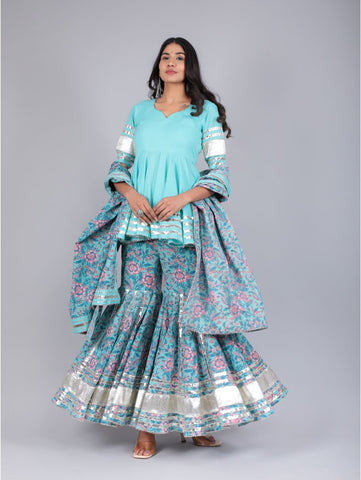 Pomcha Jaipur - ANAM BLUE COTTON SHARARA SET