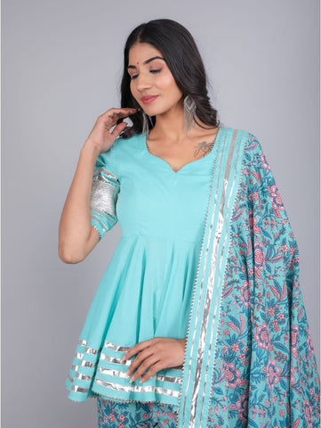 Pomcha Jaipur - ANAM BLUE COTTON SHARARA SET