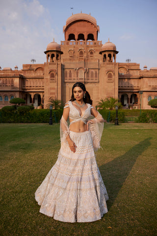 "Armina" Silver Sequin And Crystal Beads Hand Embroidered Lehenga Set With Cape