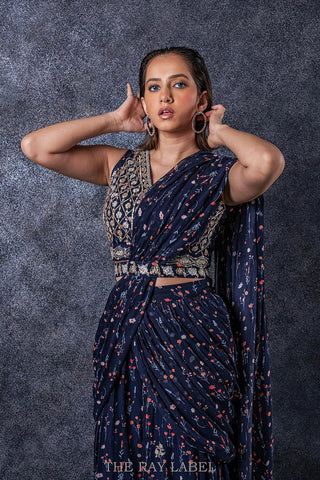 Navy Blue Floral  Pre-Draped Saree Set