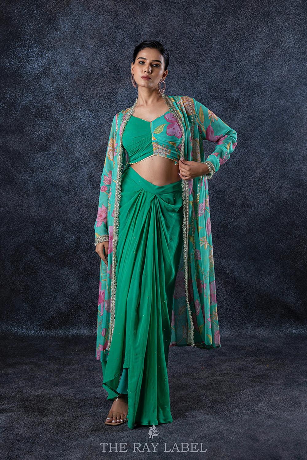 Jade Green Pre Draped Skirt Set