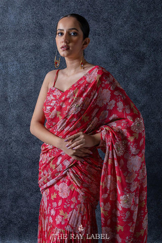 Red Pre Draped Saree Set