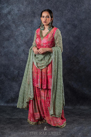 Fuchsia Pink  And Sage Green Sharara Set