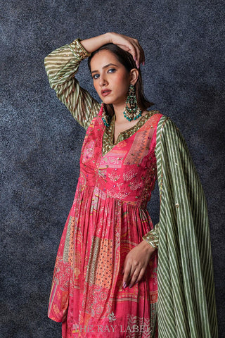 Fuchsia Pink  And Sage Green Sharara Set