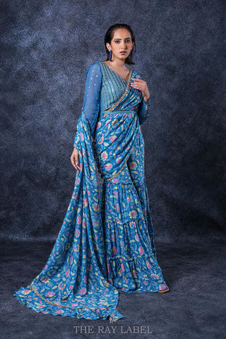 Floral Cerulean Blue Pre Draped Sharara Saree Set.