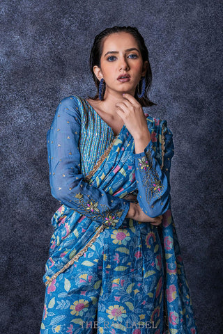 Floral Cerulean Blue Pre Draped Sharara Saree Set.