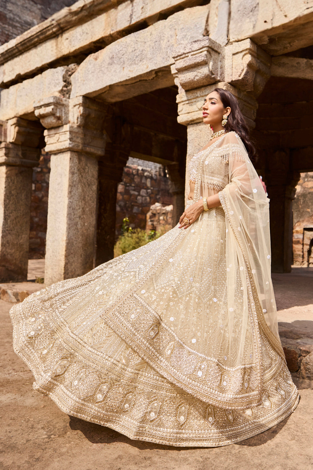 "Celine" Silver Golden Hand Embroidered  Lehengas With Offshoulder Blouse