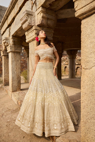 "Celine" Silver Golden Hand Embroidered  Lehengas With Offshoulder Blouse