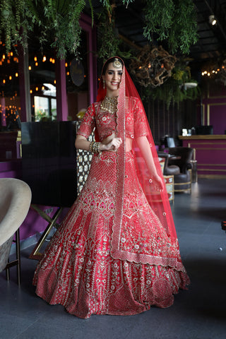 "Charlotte" Red Raw Silk Zardosi Embroidered Bridal Lehenga Set