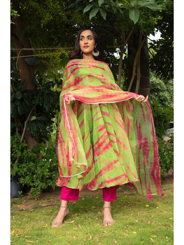 Pomcha Jaipur -  TIE AND DYE GREEN ORGANZA ANARKALI SET