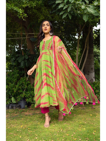 Pomcha Jaipur -  TIE AND DYE GREEN ORGANZA ANARKALI SET