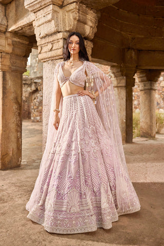 "Dhisana" Pearl Work Purple Hand Embroidered  Lehengas With Cape