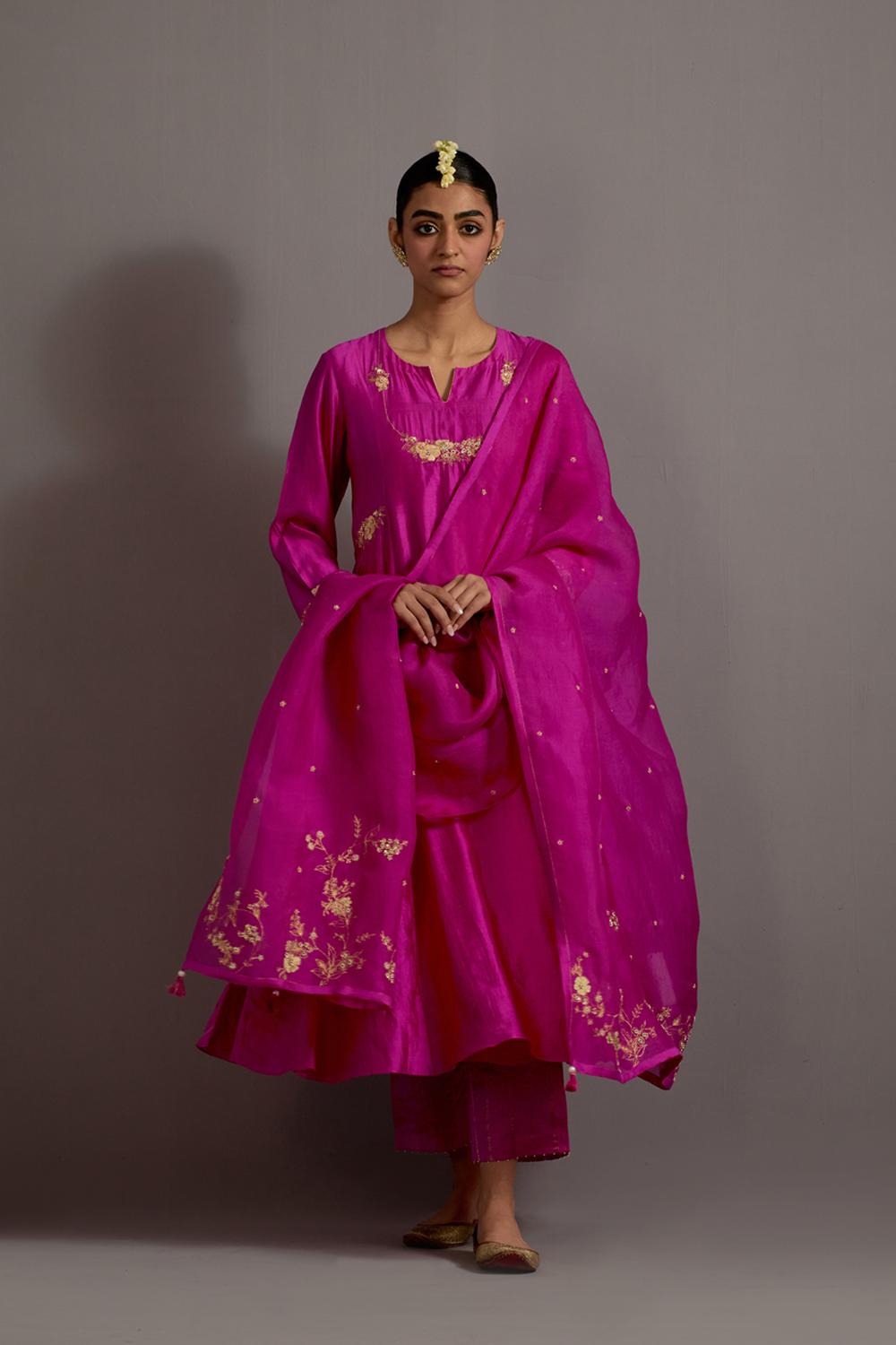 Fuchsia Pink Necklace Guccha Hand Embroidered Kurta Set