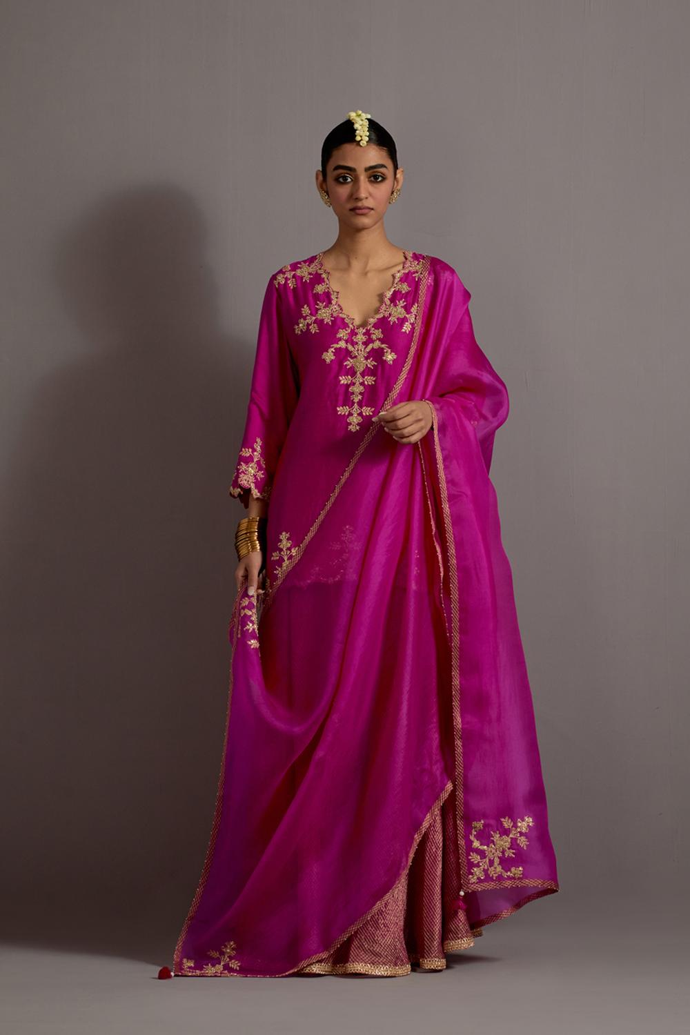 Fuchsia Pink Hand Embroidered Short Kurta Checkered Sharara Set