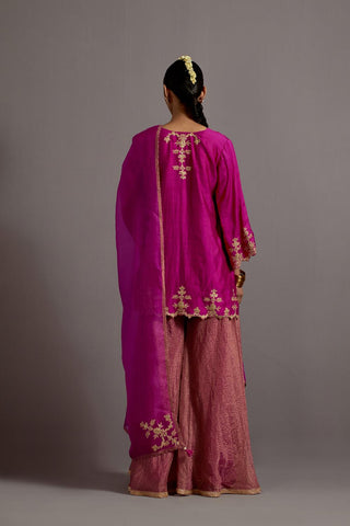 Fuchsia Pink Hand Embroidered Short Kurta Checkered Sharara Set