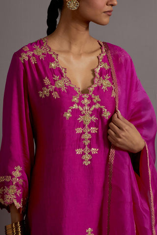 Fuchsia Pink Hand Embroidered Short Kurta Checkered Sharara Set