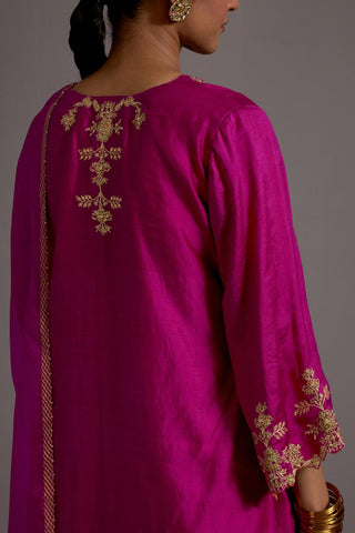 Fuchsia Pink Hand Embroidered Short Kurta Checkered Sharara Set