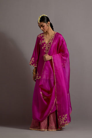 Fuchsia Pink Hand Embroidered Short Kurta Checkered Sharara Set