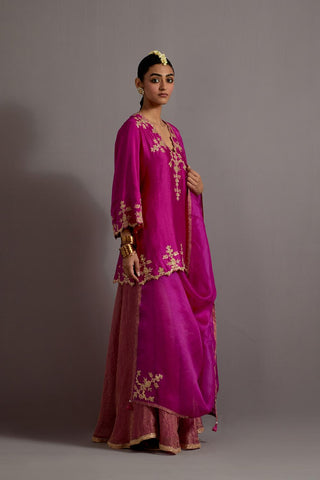 Fuchsia Pink Hand Embroidered Short Kurta Checkered Sharara Set