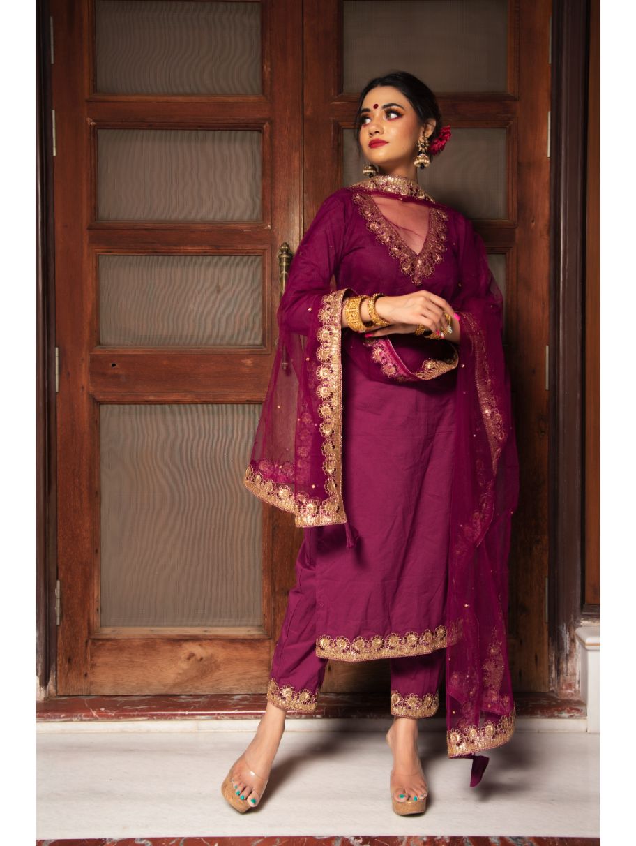 Pomcha Jaipur - PLUM COTTON STRAIGHT KURTA SET