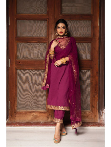 Pomcha Jaipur - PLUM COTTON STRAIGHT KURTA SET