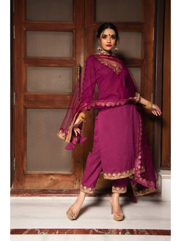 Pomcha Jaipur - PLUM COTTON STRAIGHT KURTA SET